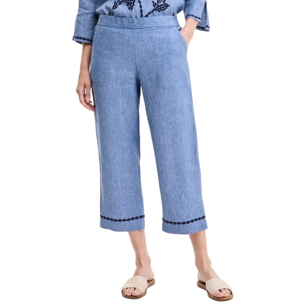 Charter Club Women's Embroidered-Cuff 100% Linen Cropped Pants in Blue Ocean